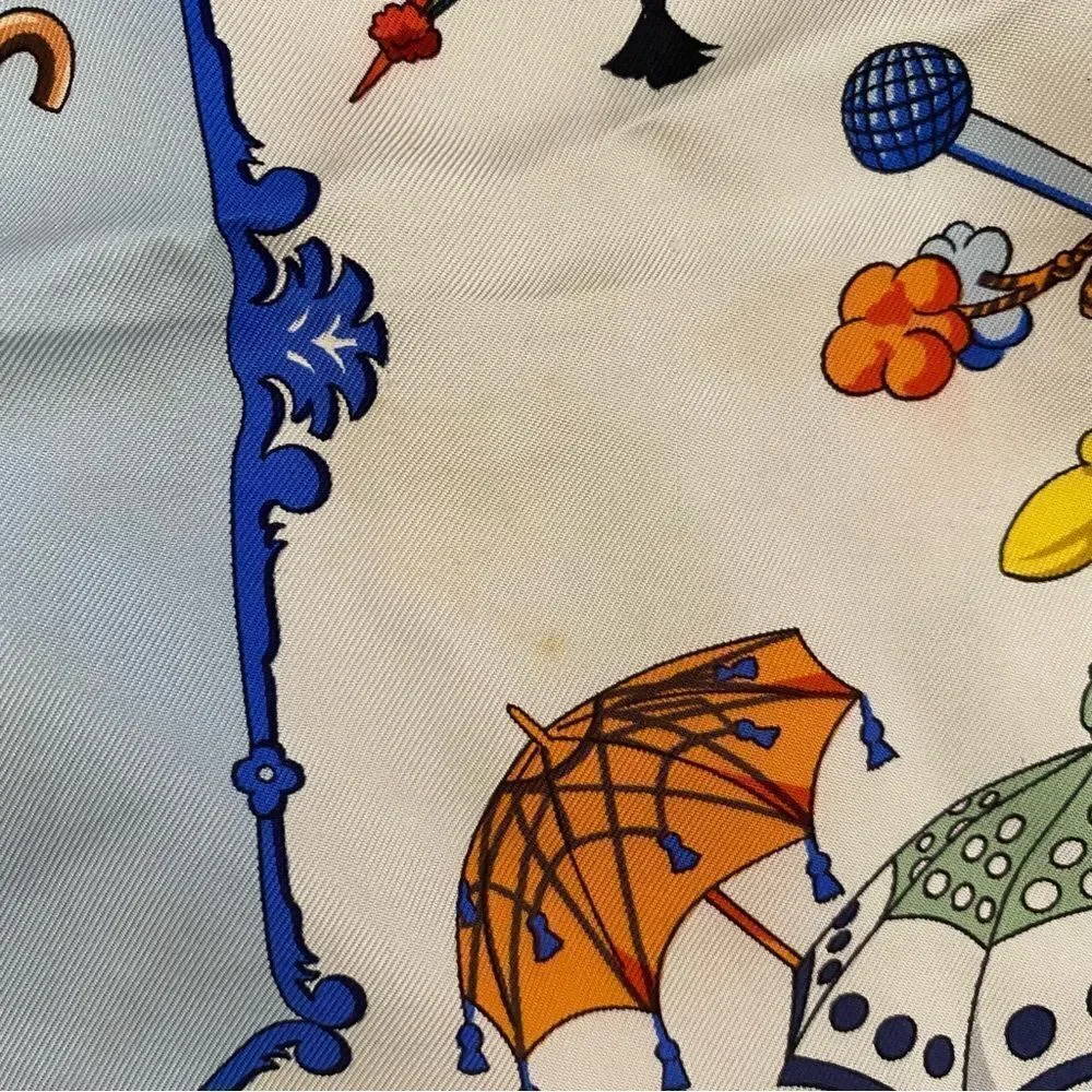 Hermes Blue Silk Square Scarf Ombrelles et Parapluies Umbrellas France 1998